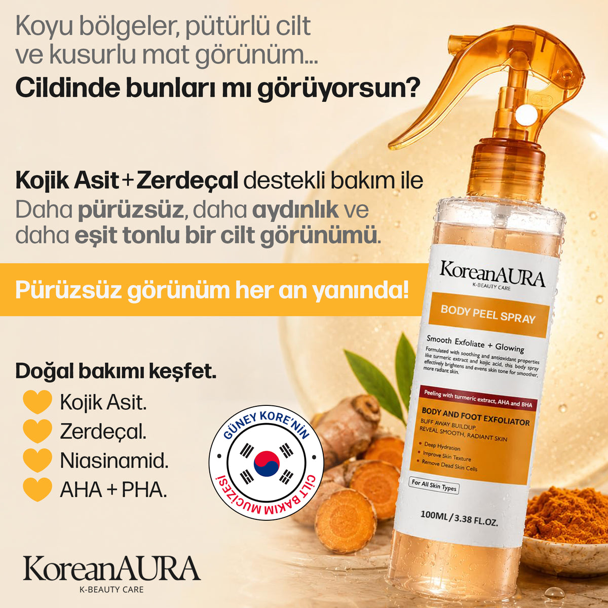 Koreanaura Kojik Asit & Zerdeçal Aydınlatıcı Peeling Vücut Spreyi